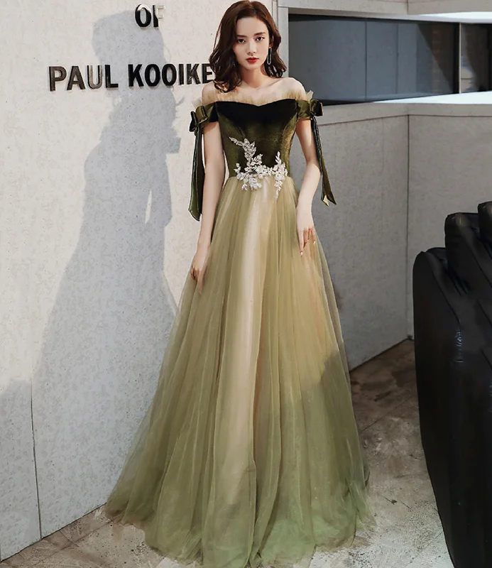 Organza DressGreen velvet tulle long A line prom dress evening dress  8828