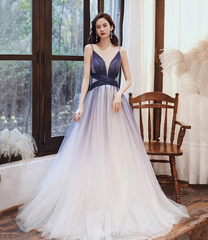 women's bow dressesStylish v neck tulle long A line prom dress blue evening dress  8725