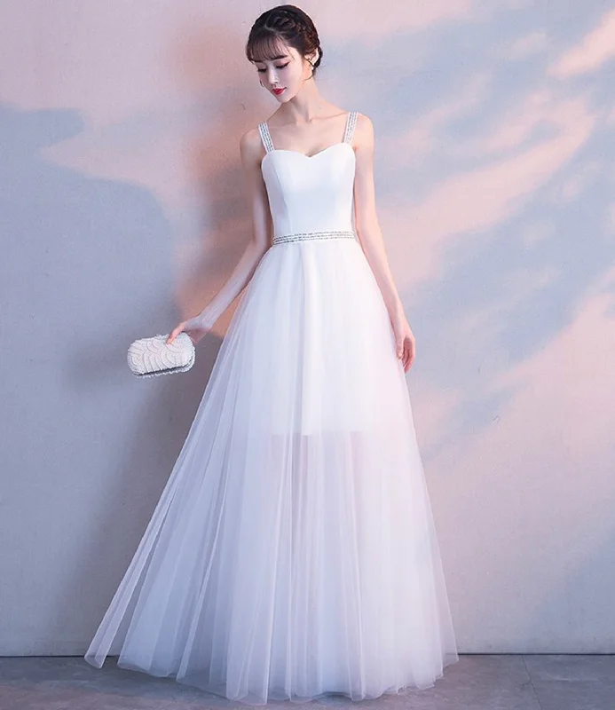 women's metallic dressesWhite tulle long A line prom dress white evening dress  8669