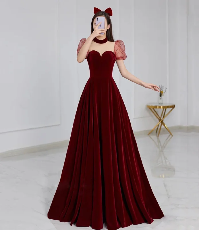 women's handmade dressesCute velvet long prom dress burgundy A line evening dress  8652