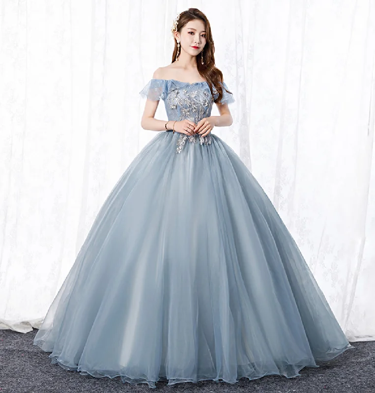 Velvet DressGrey tulle lace long prom gown A line evening dress  8629