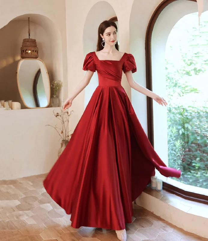 Chiffon DressBurgundy satin long A line prom dress evening dress  8829