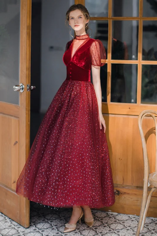 women's versatile dressesBurgundy tulle short prom dress A line evening dress  8647