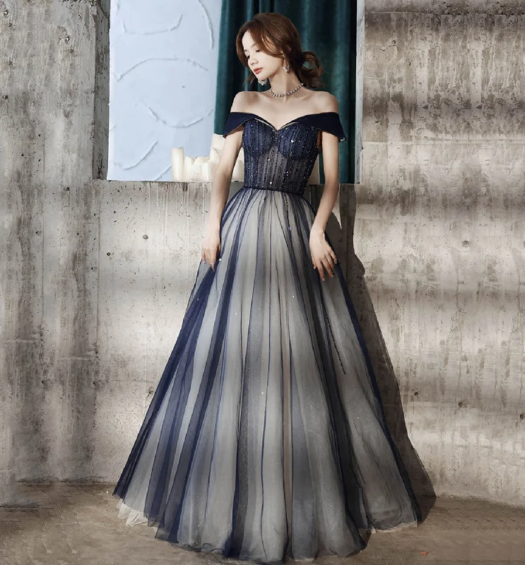 Custom DressBlue tulle beads long prom dress blue evening dress  8612