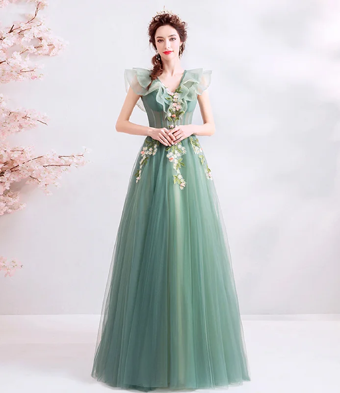 women's luxury dressesGreen tulle long A line prom dress evening dress  8709