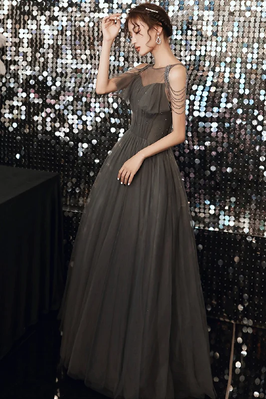 women's chiffon dressesGray tulle long A line prom dress evening dress  8672