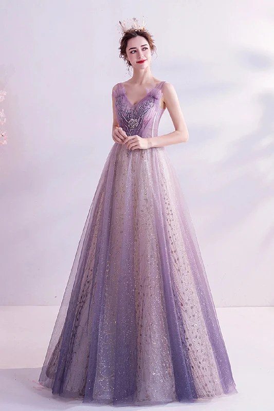 Chic DressPurple tulle long A line prom dress evening dress  8739