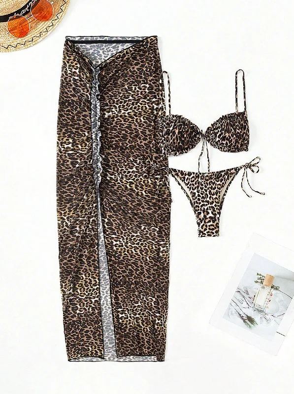 One-Piece Female Swimwear3 Pack Leopard Bikini & Sarong Set