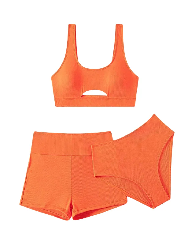 UV-Protective Female Swimwear3 Pack Basic Orange Ribbed Bikini & Shorts Set