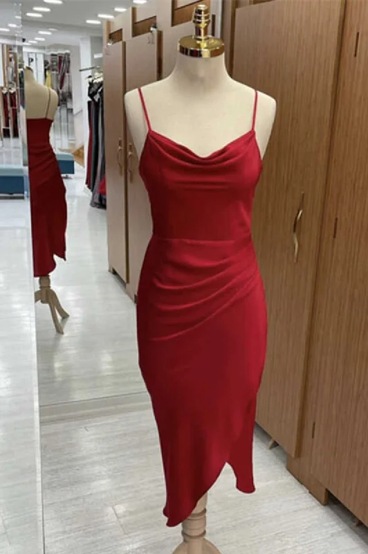 Plunging Neckline DressRed Cowl Neck Spaghetti Straps Bodycon Formal Dress