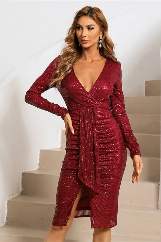 Off-The-Shoulder DressLong Sleeves Wine Red Sequins Bodycon Dress