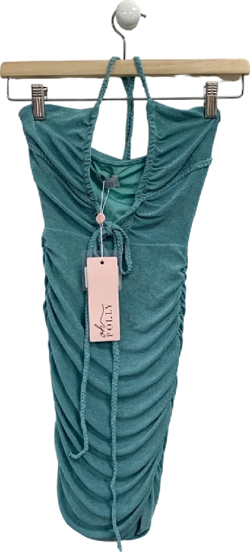 women's beach dressesOh Polly Teal Ruched Bodycon Dress with Drawstrings UK 8