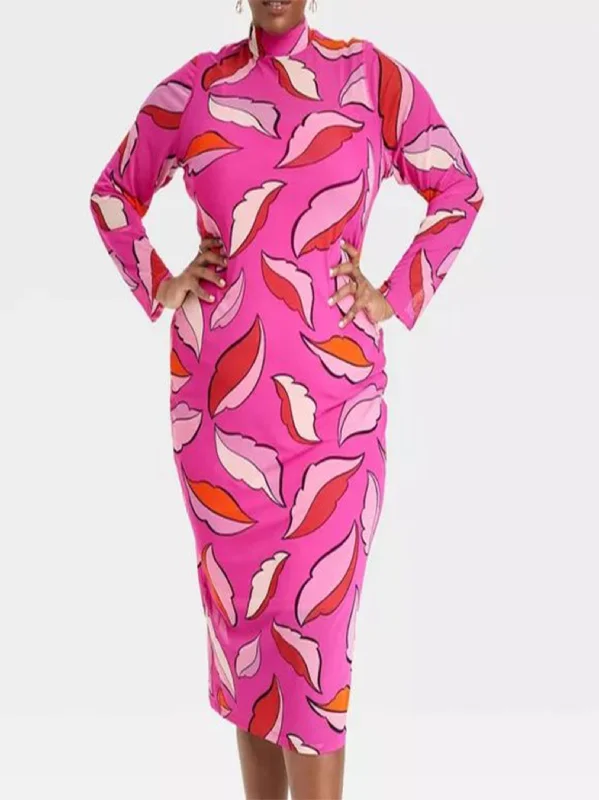 Long-Sleeve DressWomen's Plus Size Mesh Bodycon Printed Dress,Pink