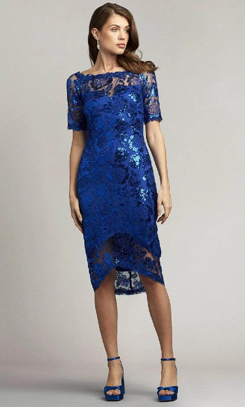 women's bell-sleeved dressesTadashi Shoji CAI23266MD - Floral Sequined Midi Sheath Dress