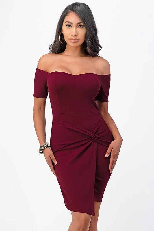 Peplum Dressoff the shoulder front twist bodycon dress