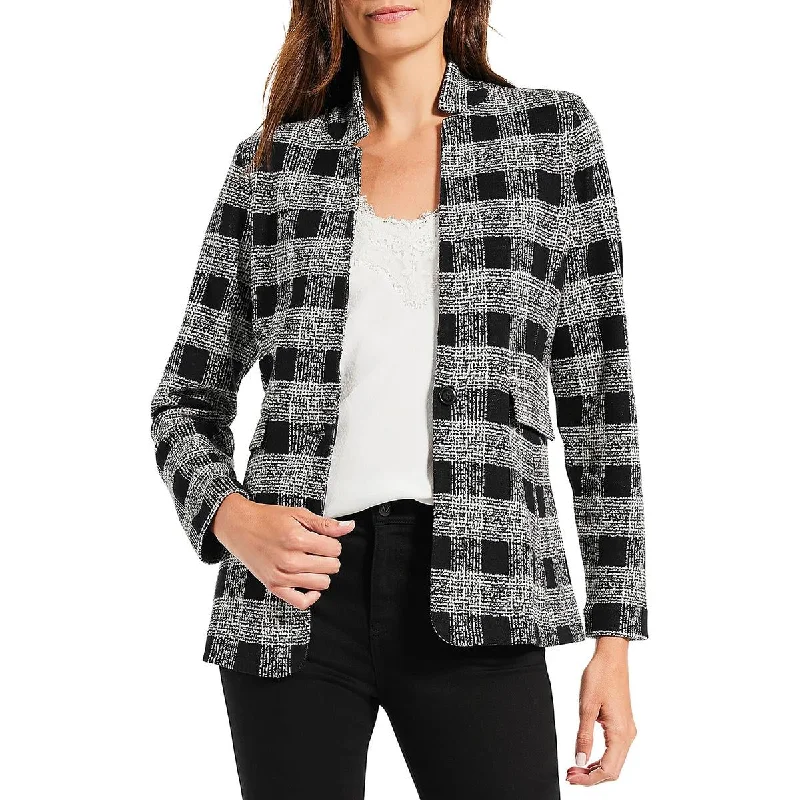 Womens Cotton Blend Plaid One-Button Blazer