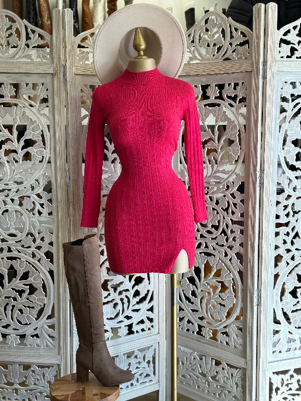 Tiered DressFluorescent Pink Sweater Mock Neck Mini Dress