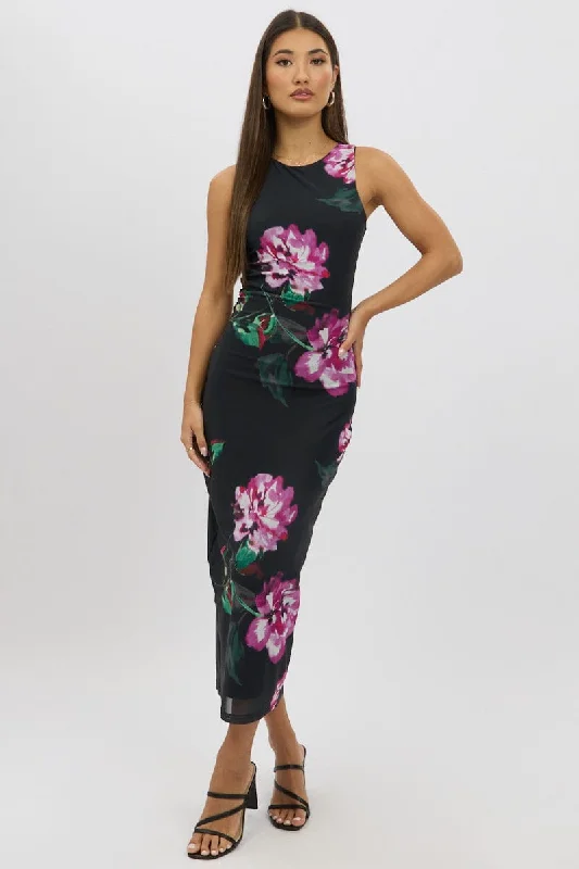 women's glam dressesBlack Floral Bodycon Dress Sleeveless