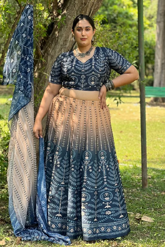 Plus Size Beige Blue Ombre Lehenga