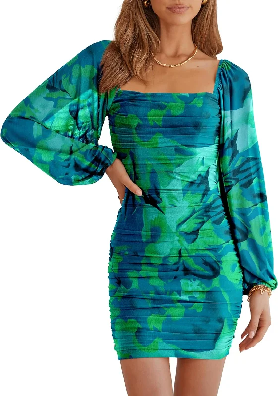 Solid Color DressS - ssb green abstract lantern sleeve ruched bodycon dress