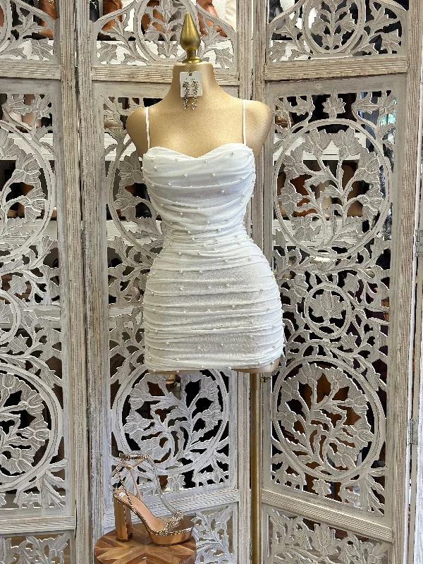 Custom DressWhite Pearl Detail Cowl Mini Dress