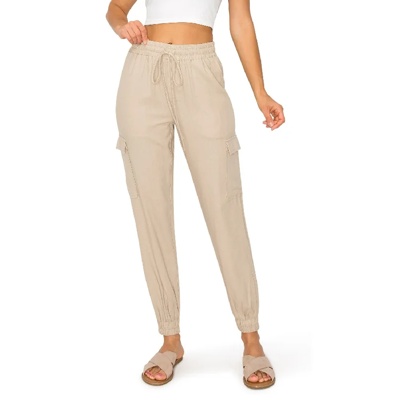 women's low-slung pantsDrawstring Waist Linen Cargo Jogger Pants - Khaki