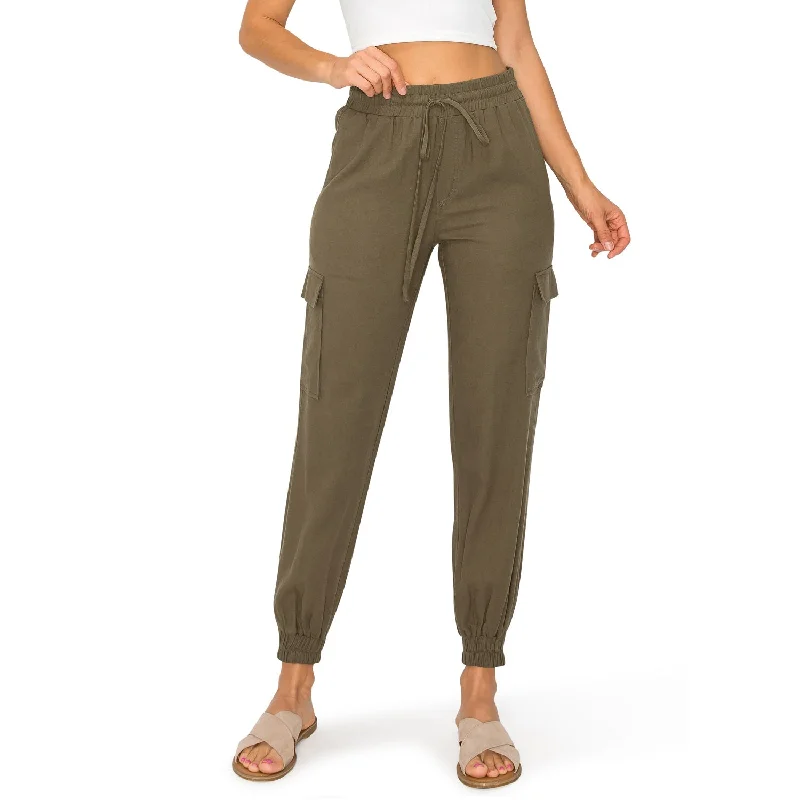 women's moisture-wicking pantsDrawstring Waist Linen Cargo Jogger Pants - Olive