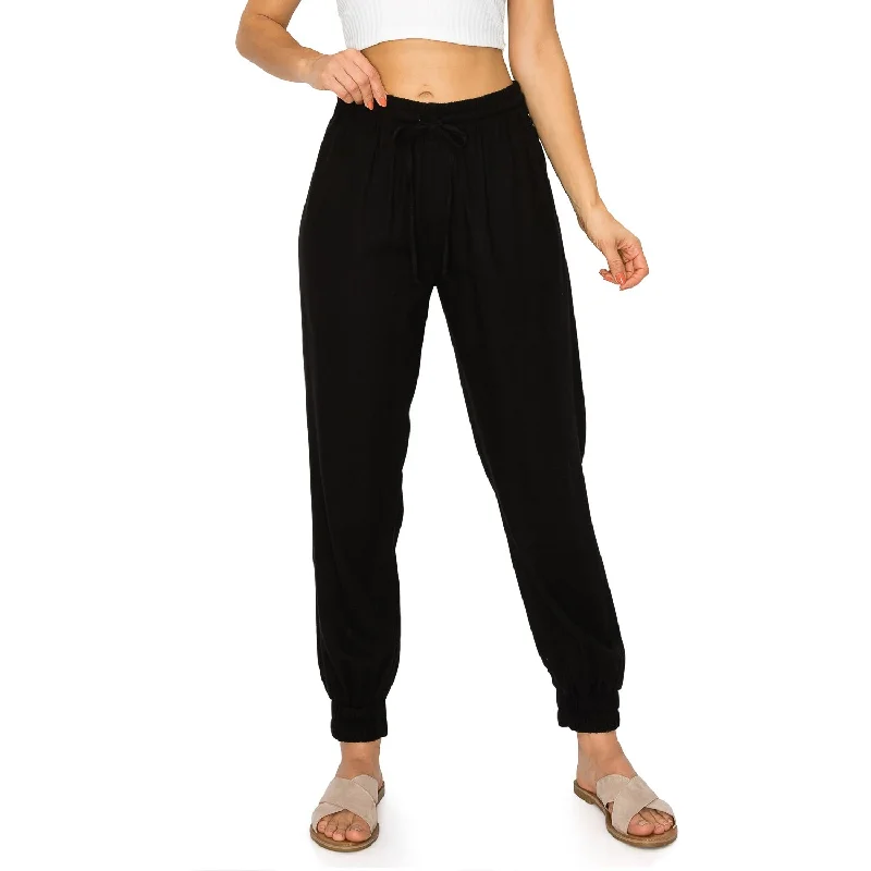 women's mini pantsDrawstring Waist Linen Jogger Pants - Black