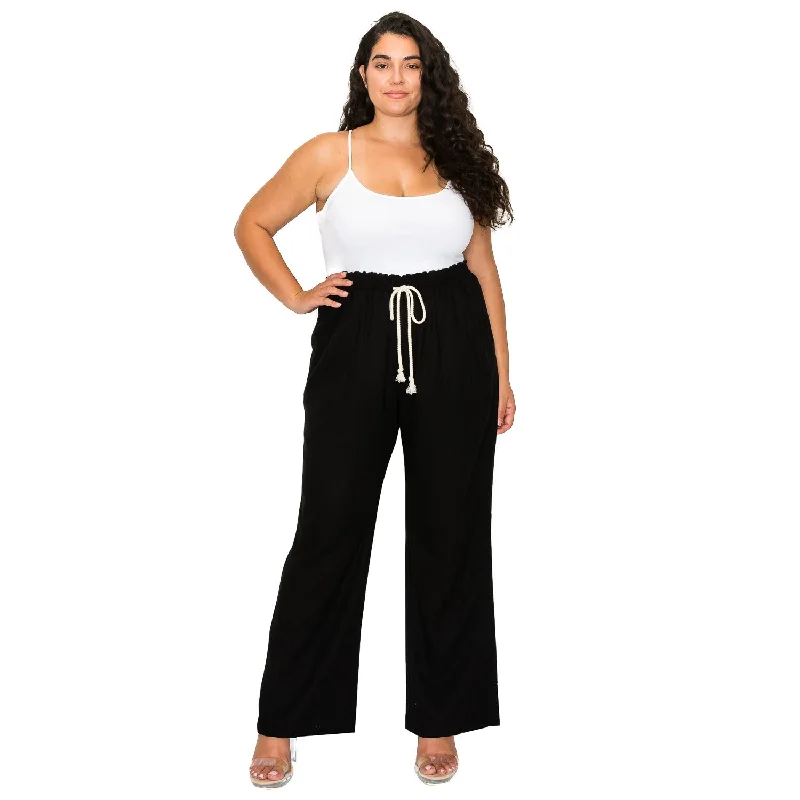 women's dress pants[Plus Size] Linen Pants 32" Inseam Drawstring Smocked Waist Beach Pants - Black