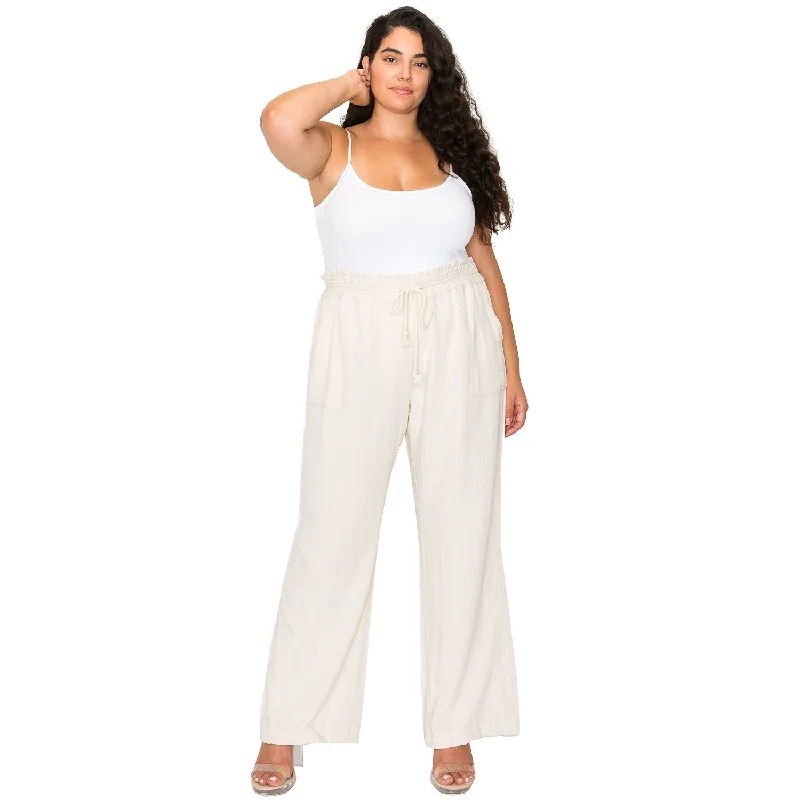 women's short pants[Plus Size] Linen Pants 32" Inseam Drawstring Smocked Waist Beach Pants - Oatmeal