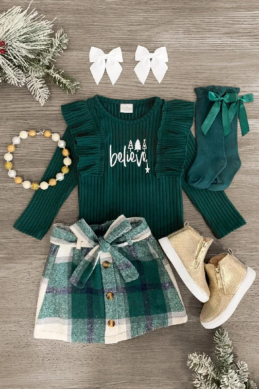 women's empire-line dresses"Believe" Green Flannel Skirt Set