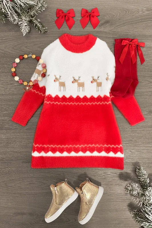 Zip-Up DressCozy Red & White Reindeer Sweater Dress