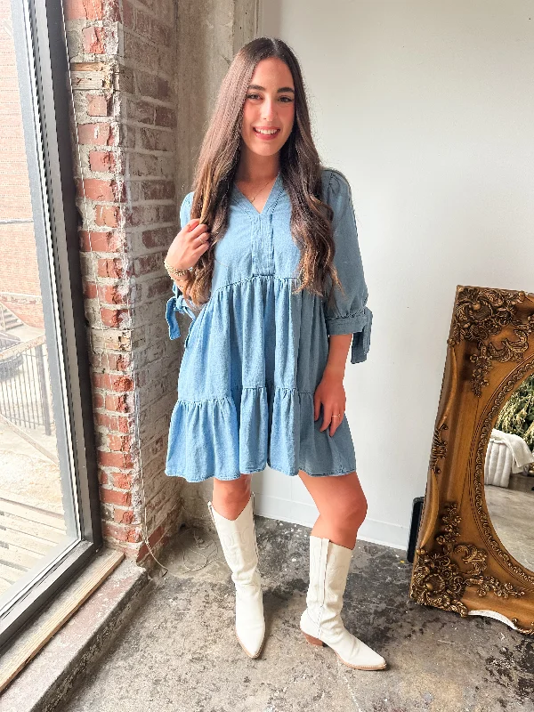 women's sleeveless dressesTiered Denim Tie Sleeve Dress