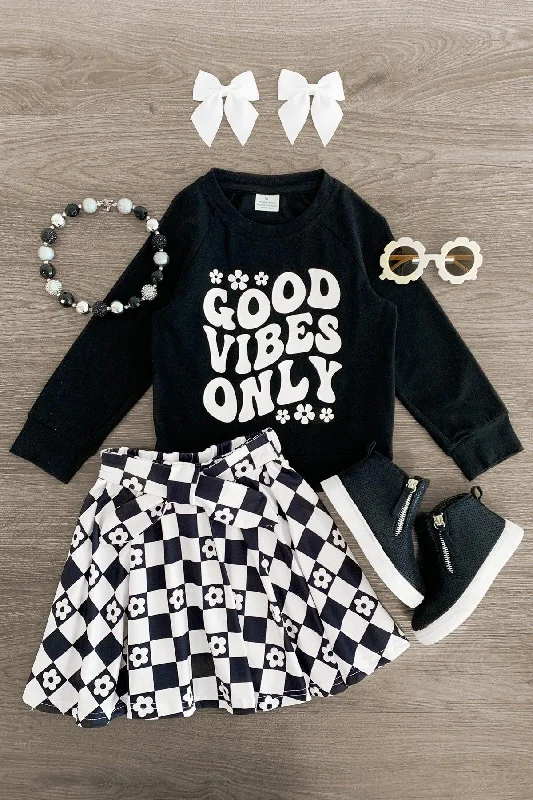 Vintage Dress"Good Vibes Only" Black Checkered Skirt Set