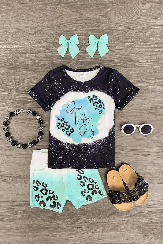 women's high-end dresses"Good Vibes Only" Mint Cheetah Denim Short Set