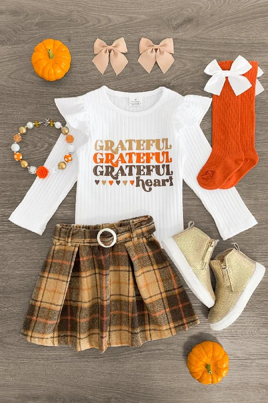 Knit Dress"Grateful Heart" Brown Plaid Skirt Set