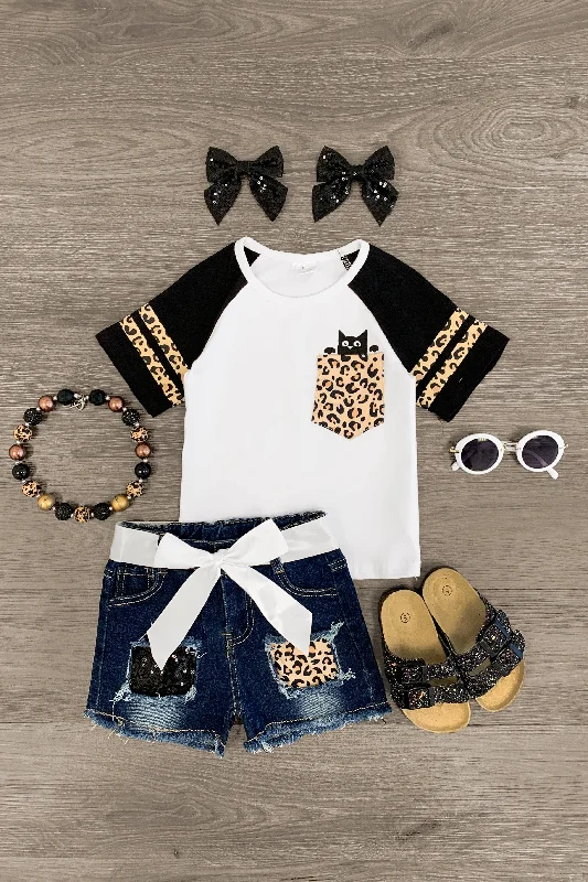 women's stylish dressesKitty Cat Cheetah Pocket Denim Short Set