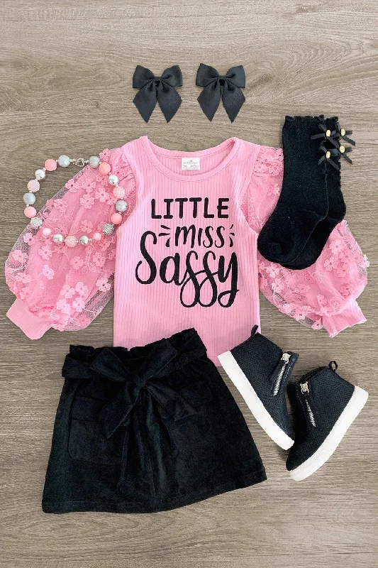 women's shift dresses"Little Miss Sassy" Pink & Black Suede Skirt Set