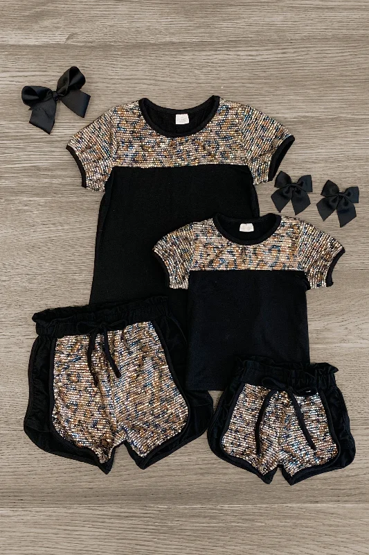 Empire DressMom & Me - Black Leopard Sequin Lounge Short Set