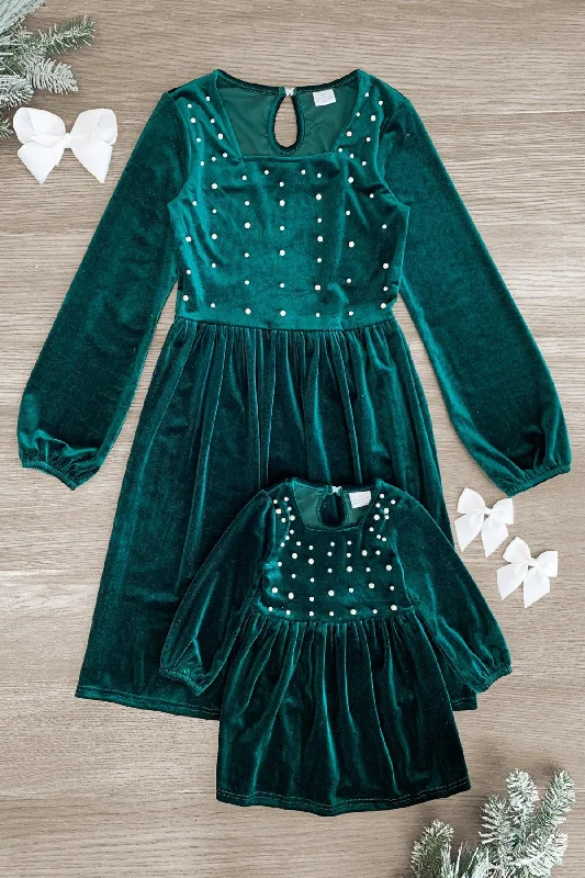 Peplum DressMom & Me - Green Velvet Pearl Dress