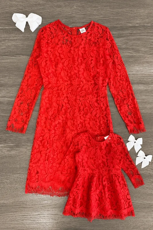 women's chiffon dressesMom & Me - Red Lace Long Sleeve Dress