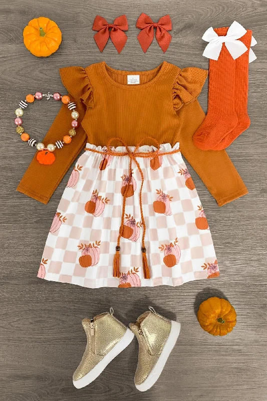 women's silk dressesOrange & Pink Checkered Pumpkin Dress