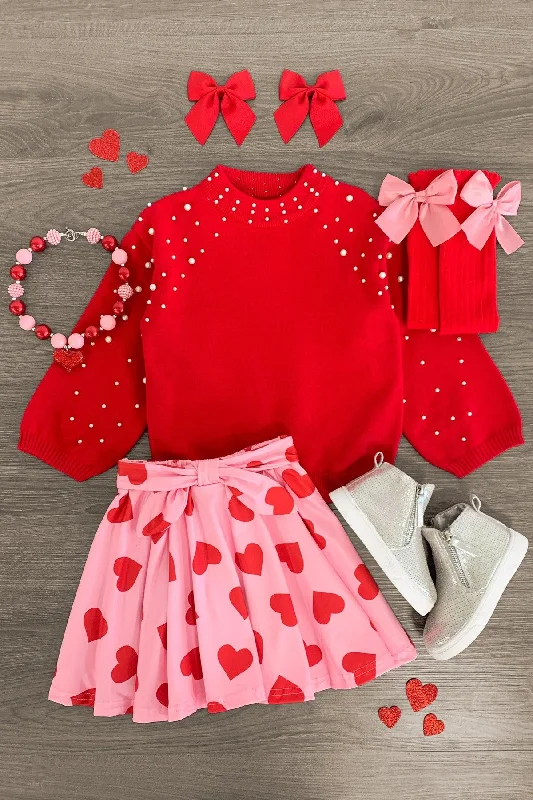 Wedding DressRed Pearl Sweater Hearts Skirt Set