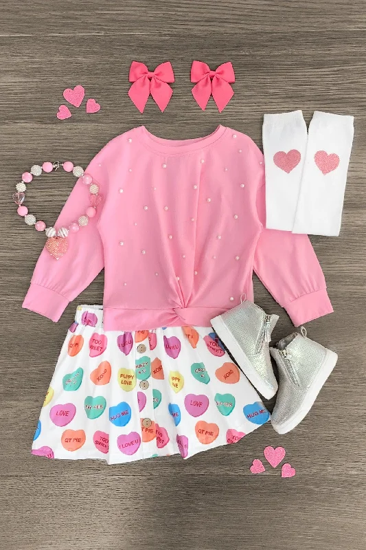 Embellished DressPink Pearl Candy Hearts Skirt Set