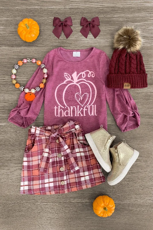 women's checkered dresses"Thankful" Plum Plaid Skirt Set