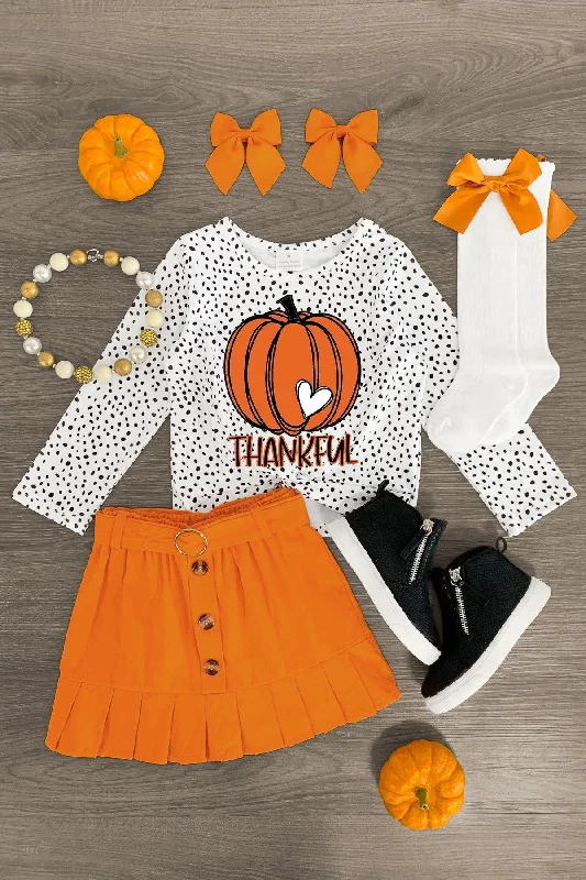 women's cold-shoulder dresses"Thankful" White & Orange Pumpkin Skirt Set