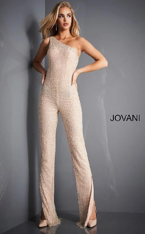 women's jumpsuits for gym sessionsJovani 3816 Formal One Shoulder Beaded Jumpsuit