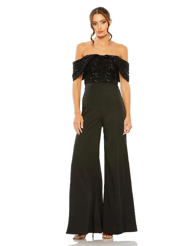 women's jumpsuits for moisture-wicking materialsMac Duggal 11667 Formal Sequined Off Shoulder Jumpsuit