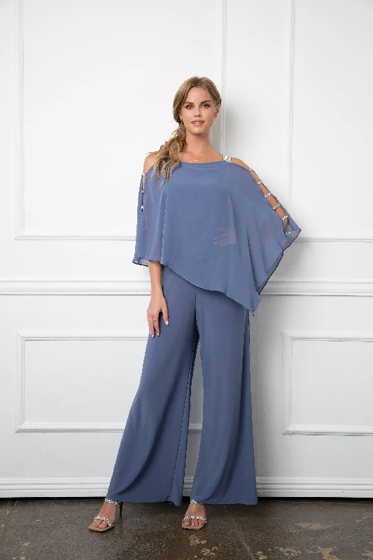 women's ankle-length jumpsuitsSlate Blue XL Formal Chiffon Cape Overlay Jumpsuit Sale