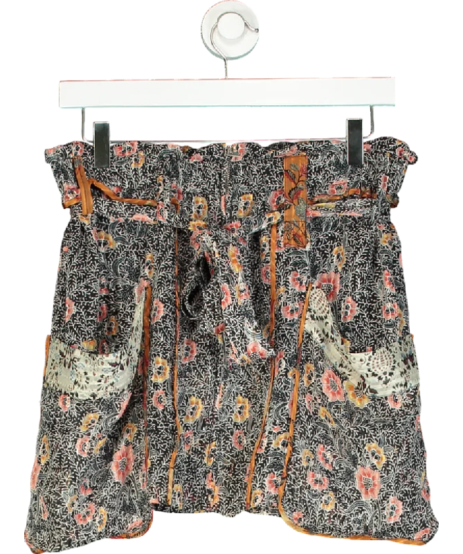 women's floral pleated skirtsIsabel Marant Black Floral Print Silk Belted Mini Skirt UK 10